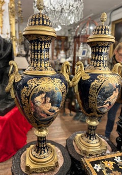 Pair of Sevres Style Blue And Gold Vases