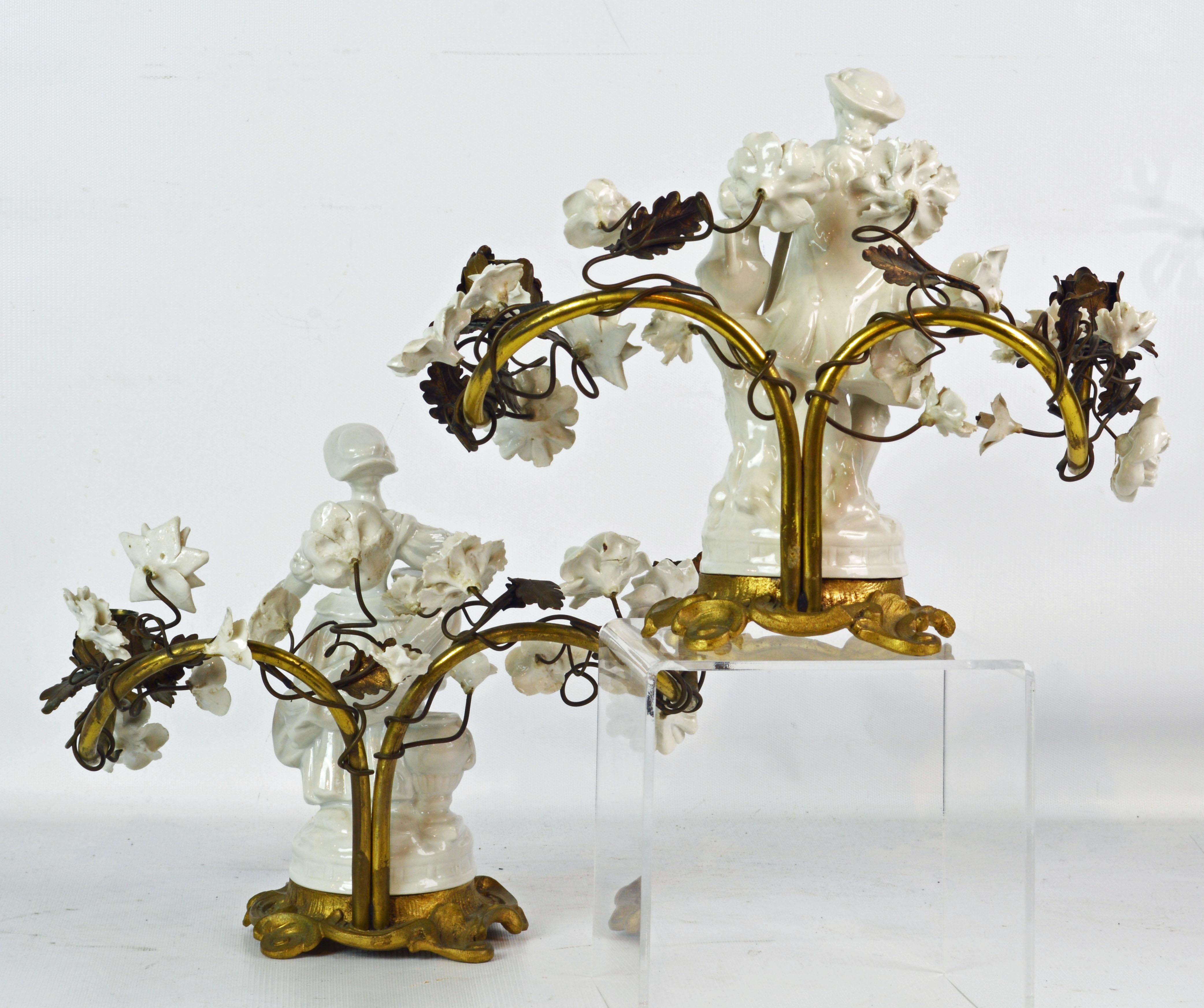Rococo Pair of Sevres Style Figural Blanc de Chine and Gilt Bronze Flower Candelabras