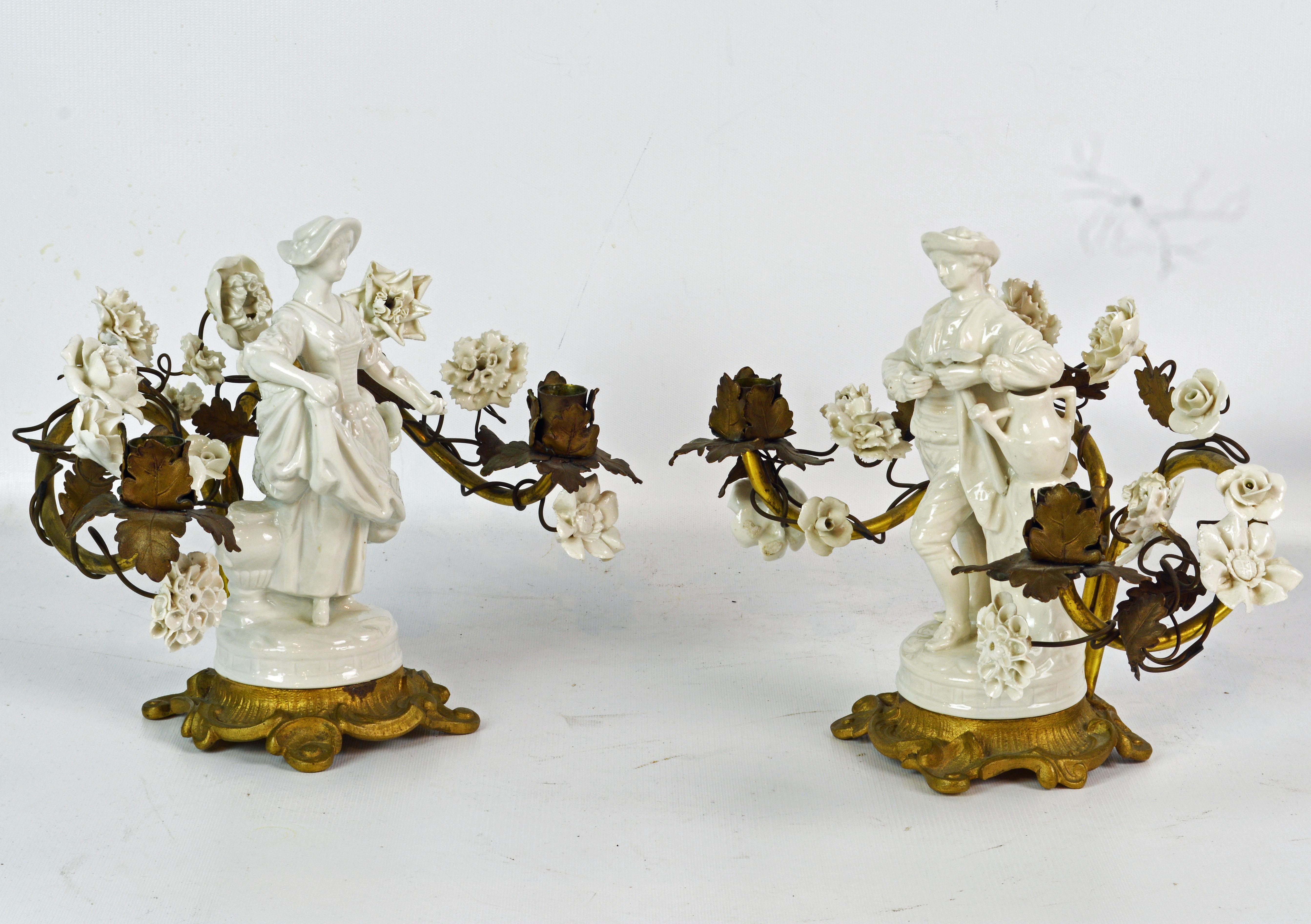 French Pair of Sevres Style Figural Blanc de Chine and Gilt Bronze Flower Candelabras