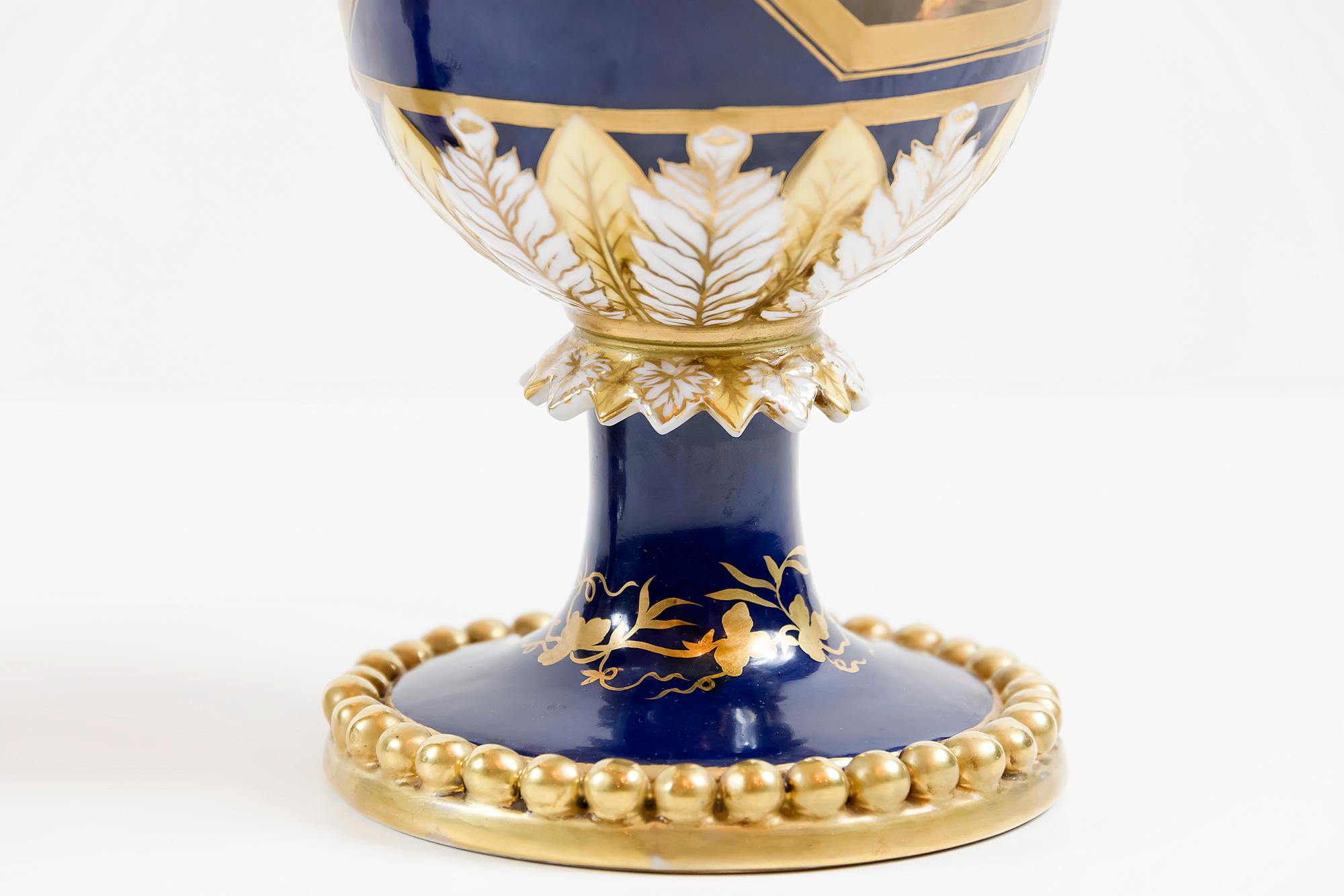 Gilt Pair of Sèvres Style French Porcelain Cobalt Blue Vases with Handmade Decor