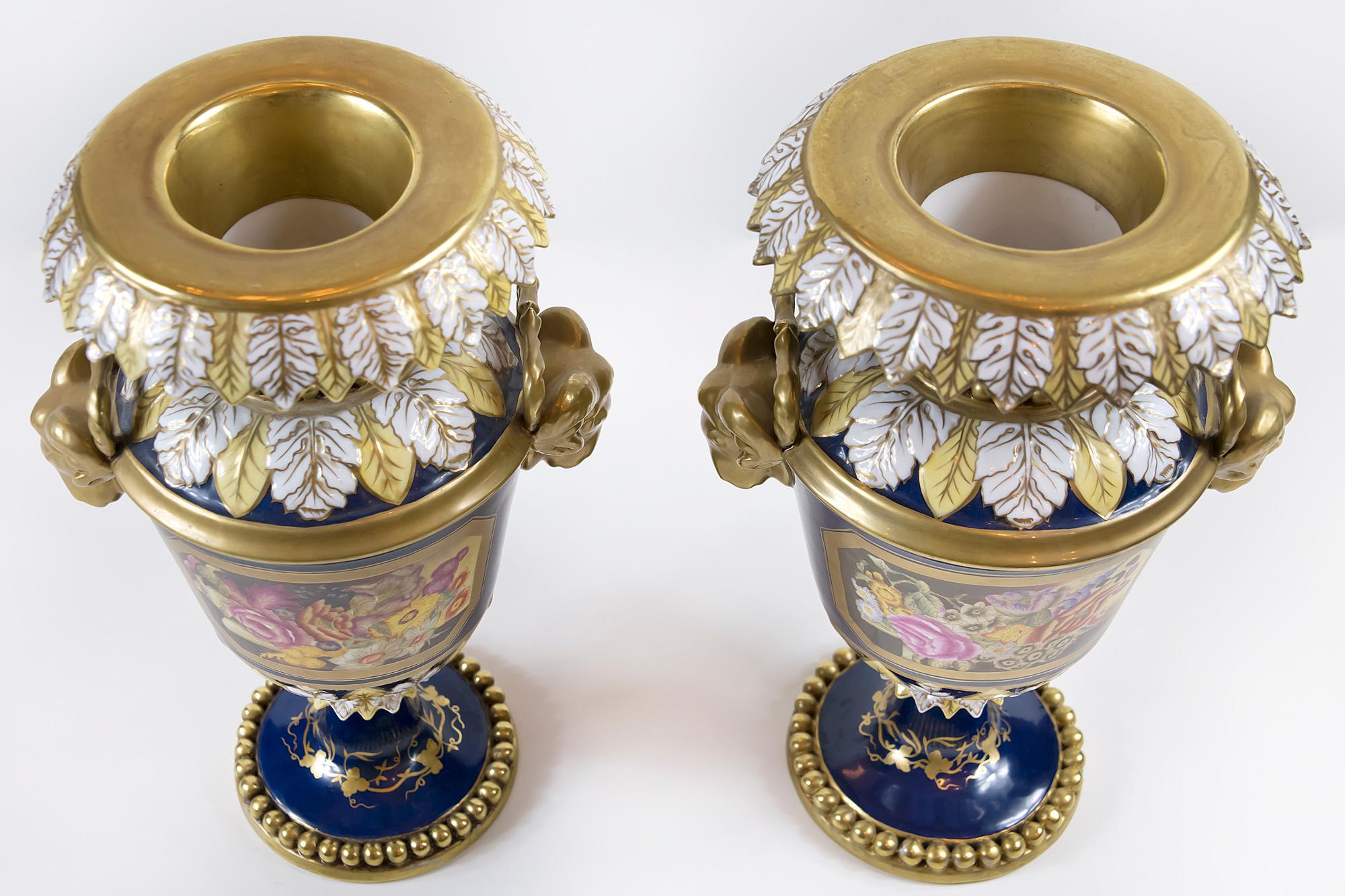 Pair of Sèvres Style French Porcelain Cobalt Blue Vases with Handmade Decor 1
