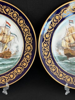 Pair of Sèvres-Style Hand-Painted Naval Battle Plates, Artist Signed Semone, 10"
