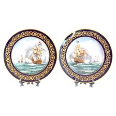 Pair of Sèvres-Style Hand-Painted Naval Battle Plates, Artist Signed Semone, 10"