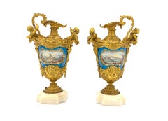 Pair of Sevres Style Jewelled Porcelain and Gilt Metal Ewer Vases