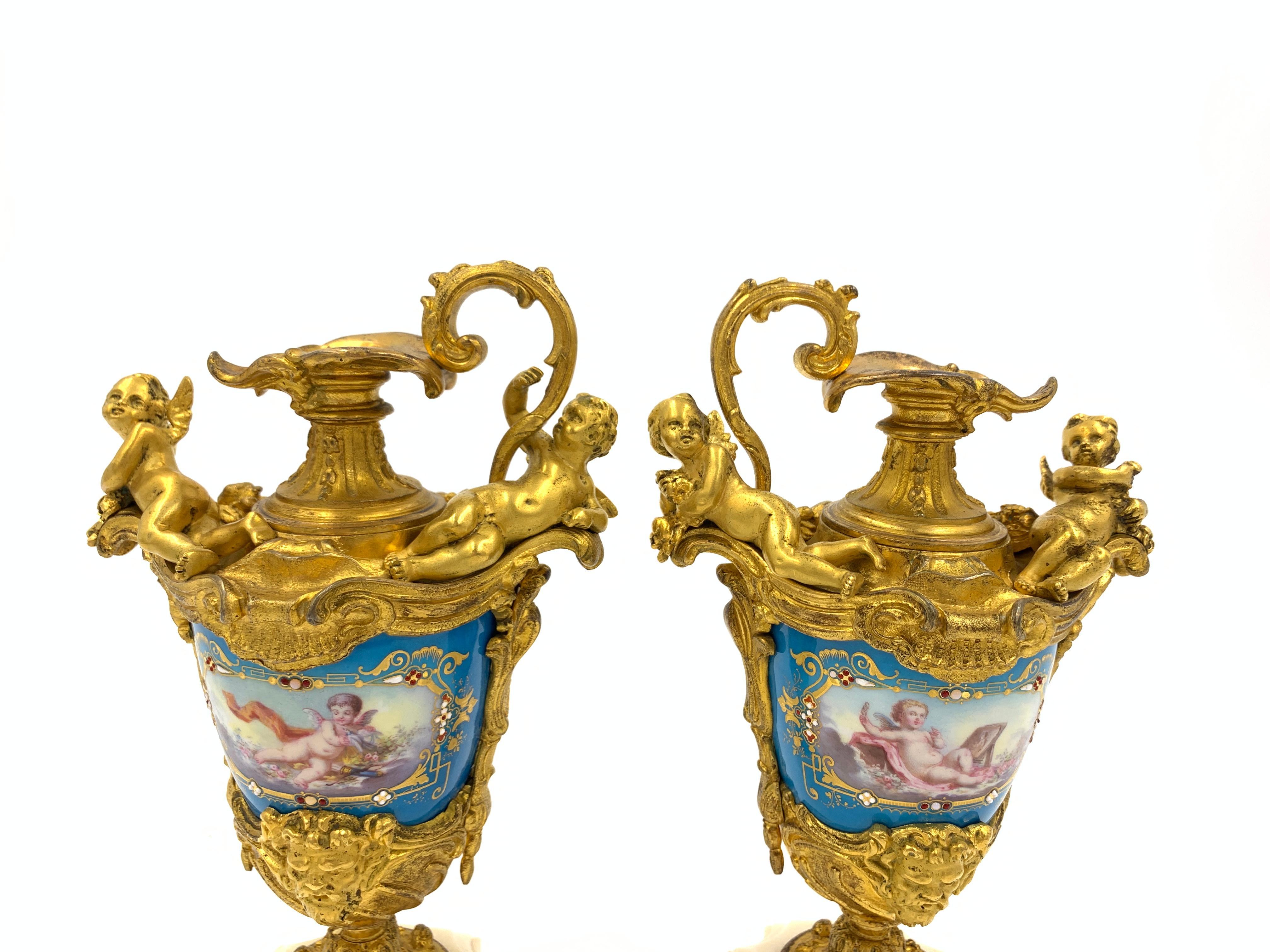 French Pair of Sevres Style Jewelled Porcelain and Gilt Metal Ewer Vases For Sale