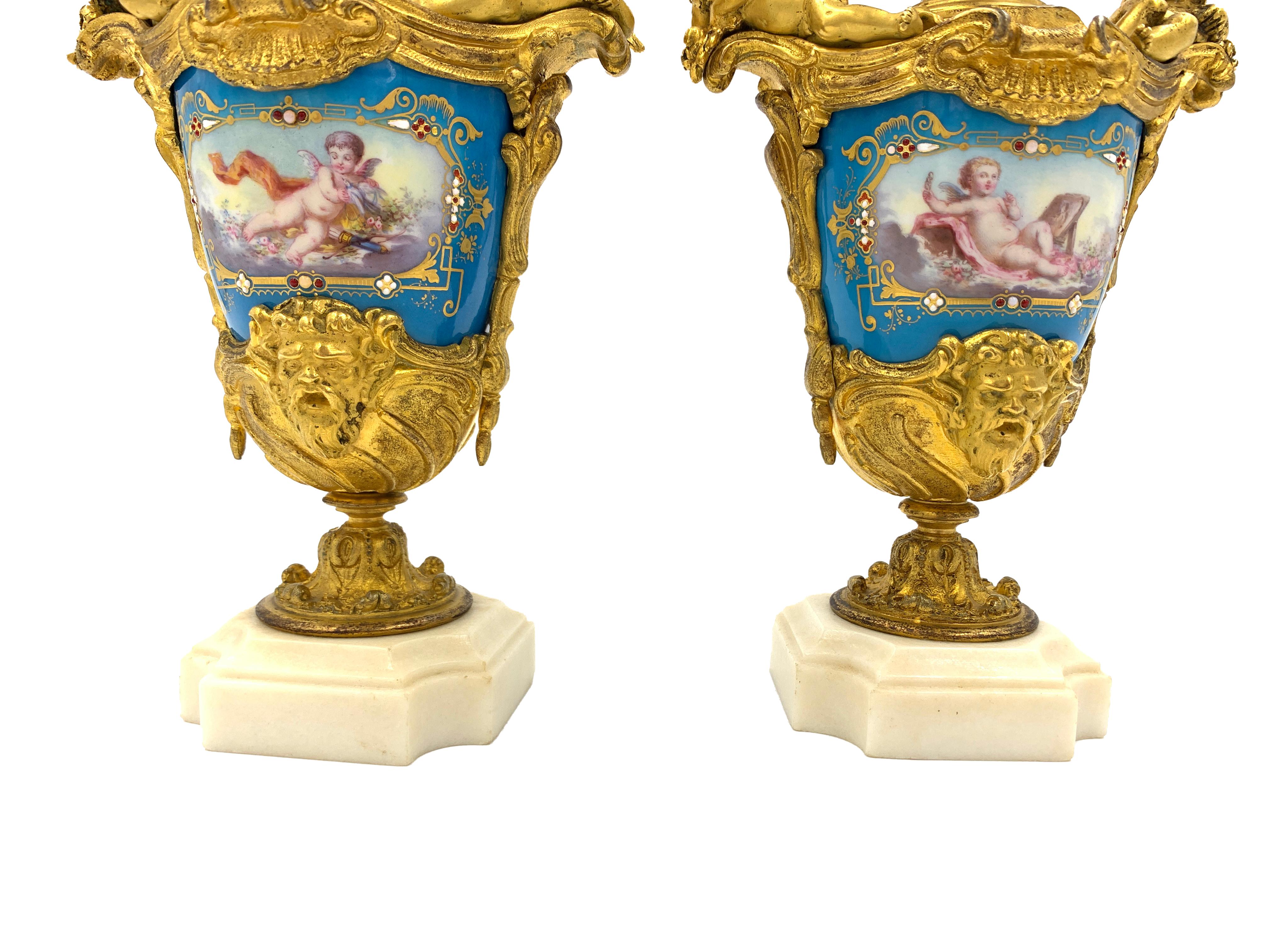 Pair of Sevres Style Jewelled Porcelain and Gilt Metal Ewer Vases In Good Condition For Sale In London, GB