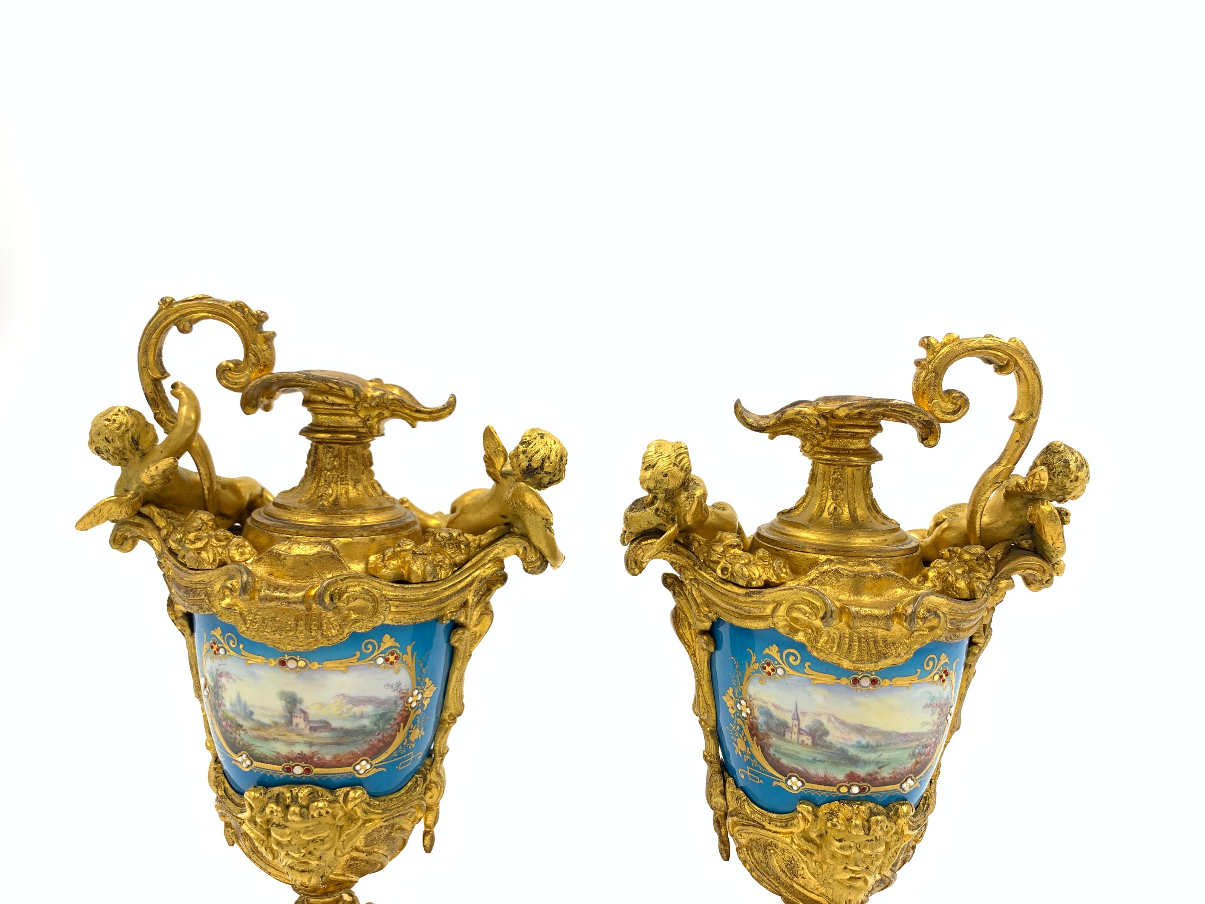 19th Century Pair of Sevres Style Jewelled Porcelain and Gilt Metal Ewer Vases For Sale