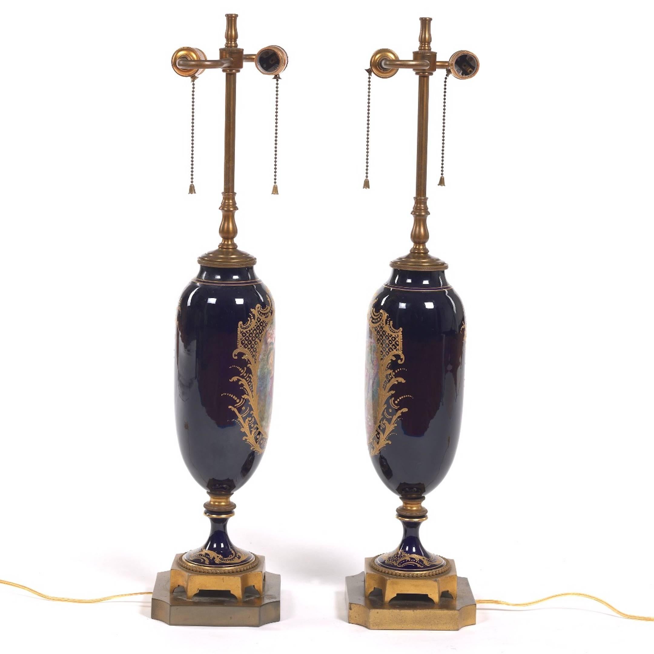 Louis XVI Pair of Sèvres Style Ormolu-Mounted Urns, Now as Lamps