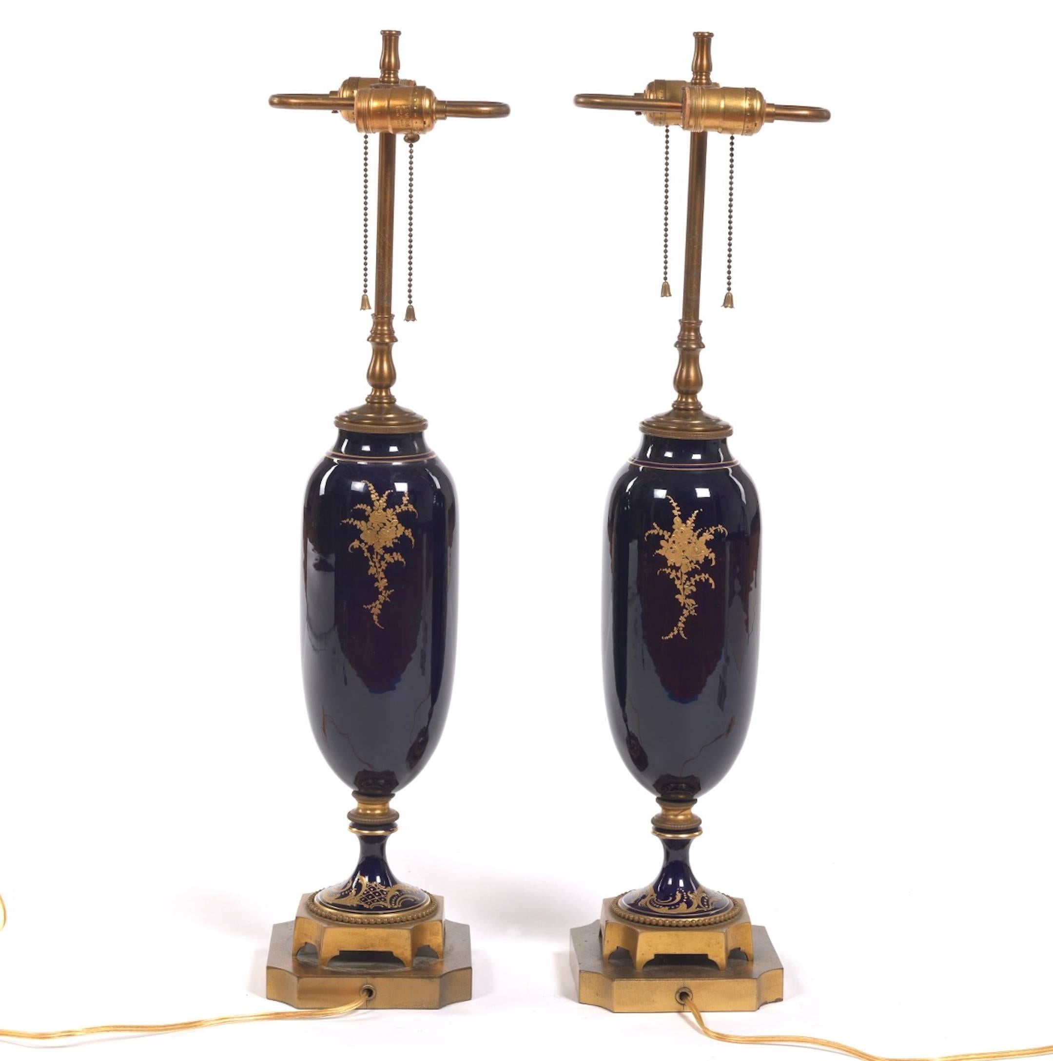 French Pair of Sèvres Style Ormolu-Mounted Urns, Now as Lamps