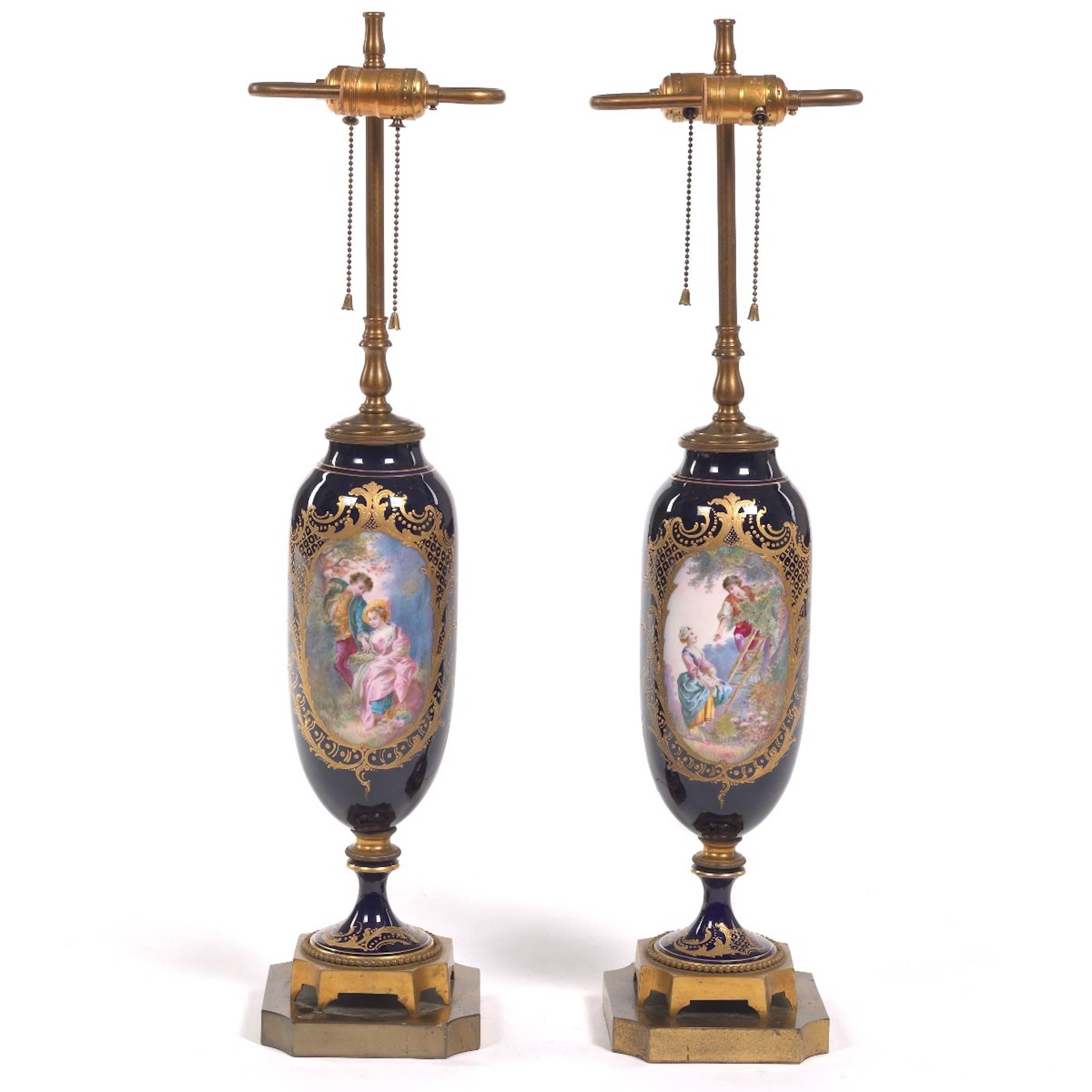 Pair of Sèvres Style Ormolu-Mounted Urns, Now as Lamps In Excellent Condition In Atlanta, GA
