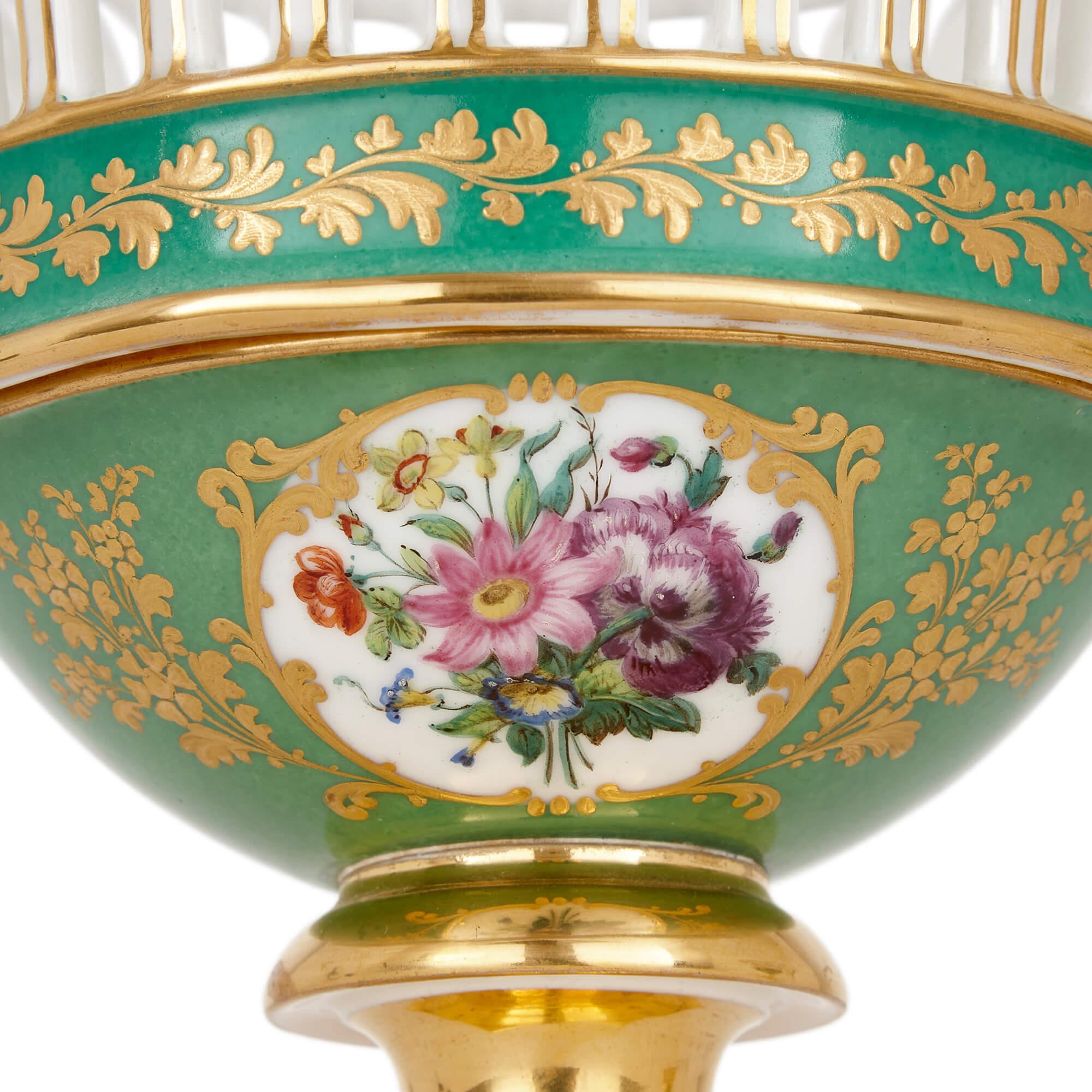 Gilt Pair of Sèvres Style Pierced Porcelain Centrepieces, Attributed to Feuillet