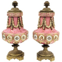Pair of Sèvres Style Pink Porcelain Urns in Louis XVI Style