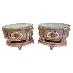 Pair of Sevres Style Porcelain Hand Painted Cache Pots/Jardineres on Plateaus