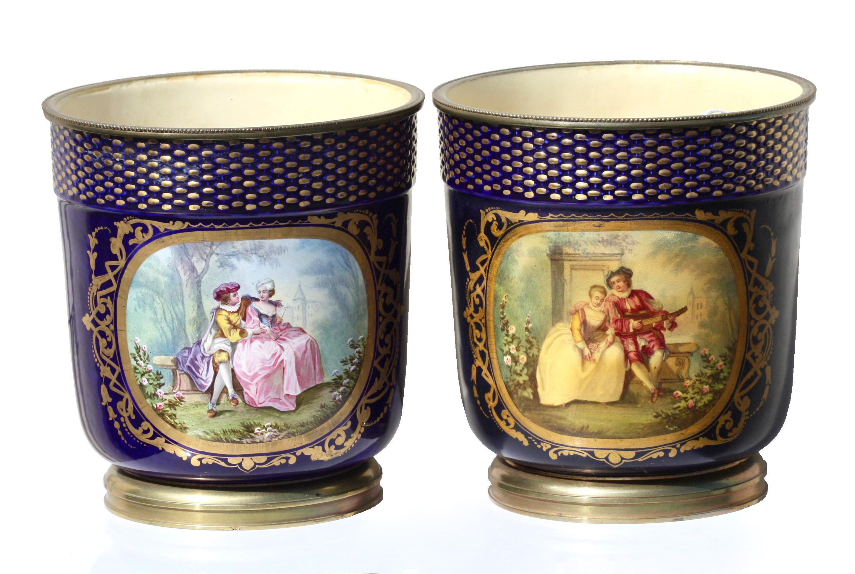 Pair of Sevres Type Ormolu Mounted Pictorial Cache-Pots, 19th Century For Sale 2