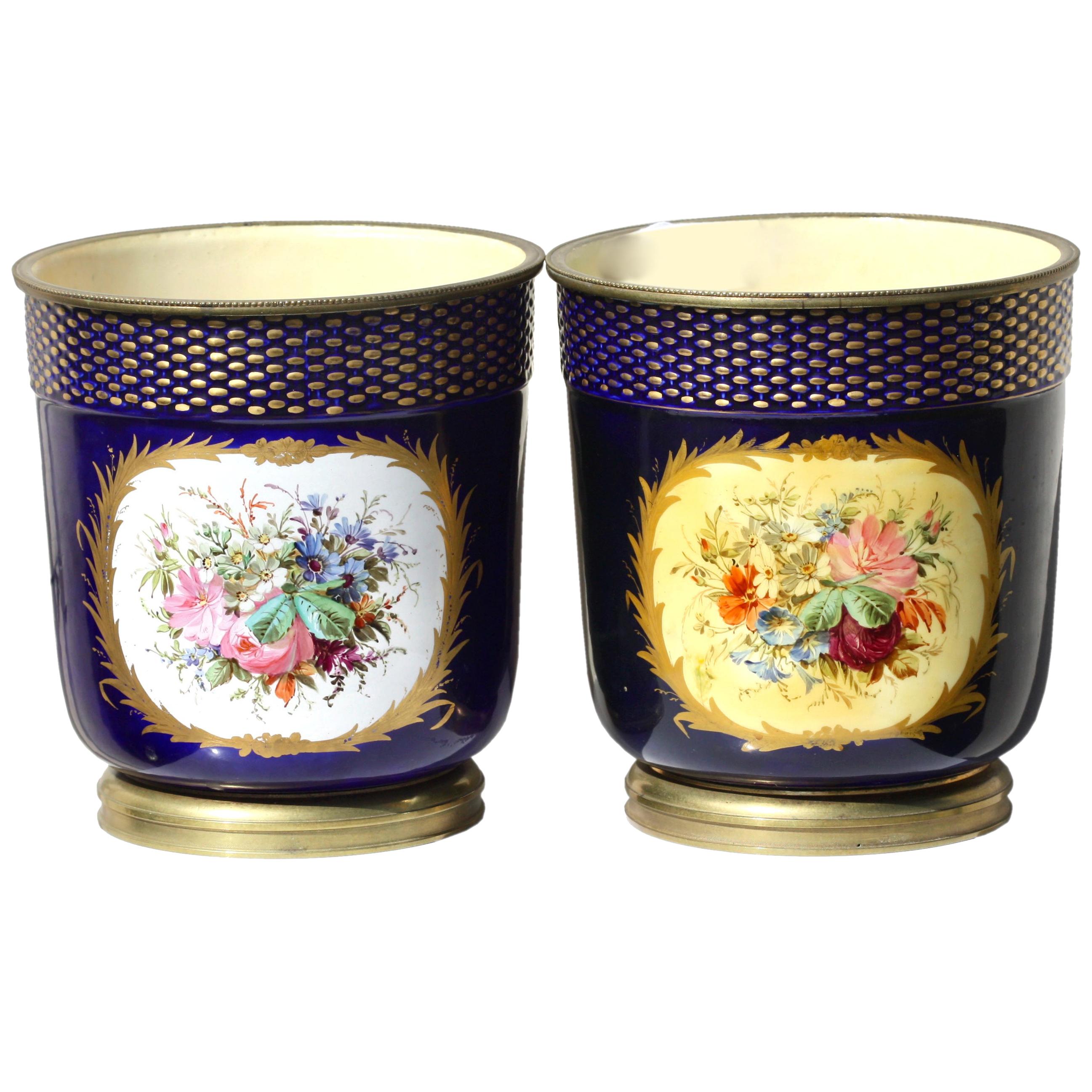Pair of Sevres Type Ormolu Mounted Pictorial Cache-Pots, 19th Century For Sale