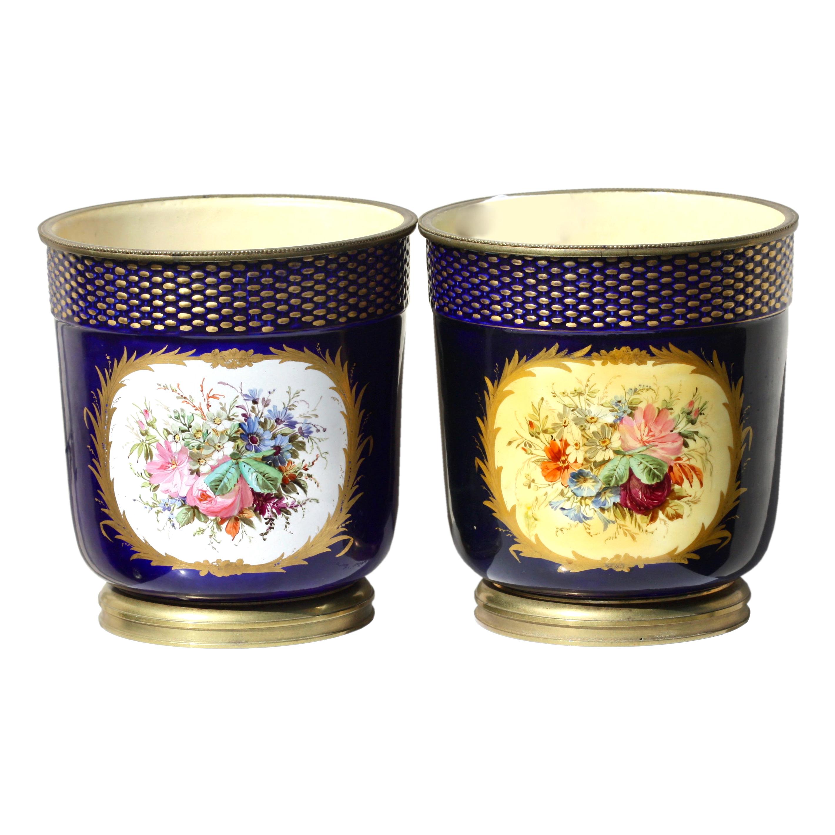 Pair of Sevres Type Ormolu Mounted Pictorial Cache-Pots, 19th Century For Sale