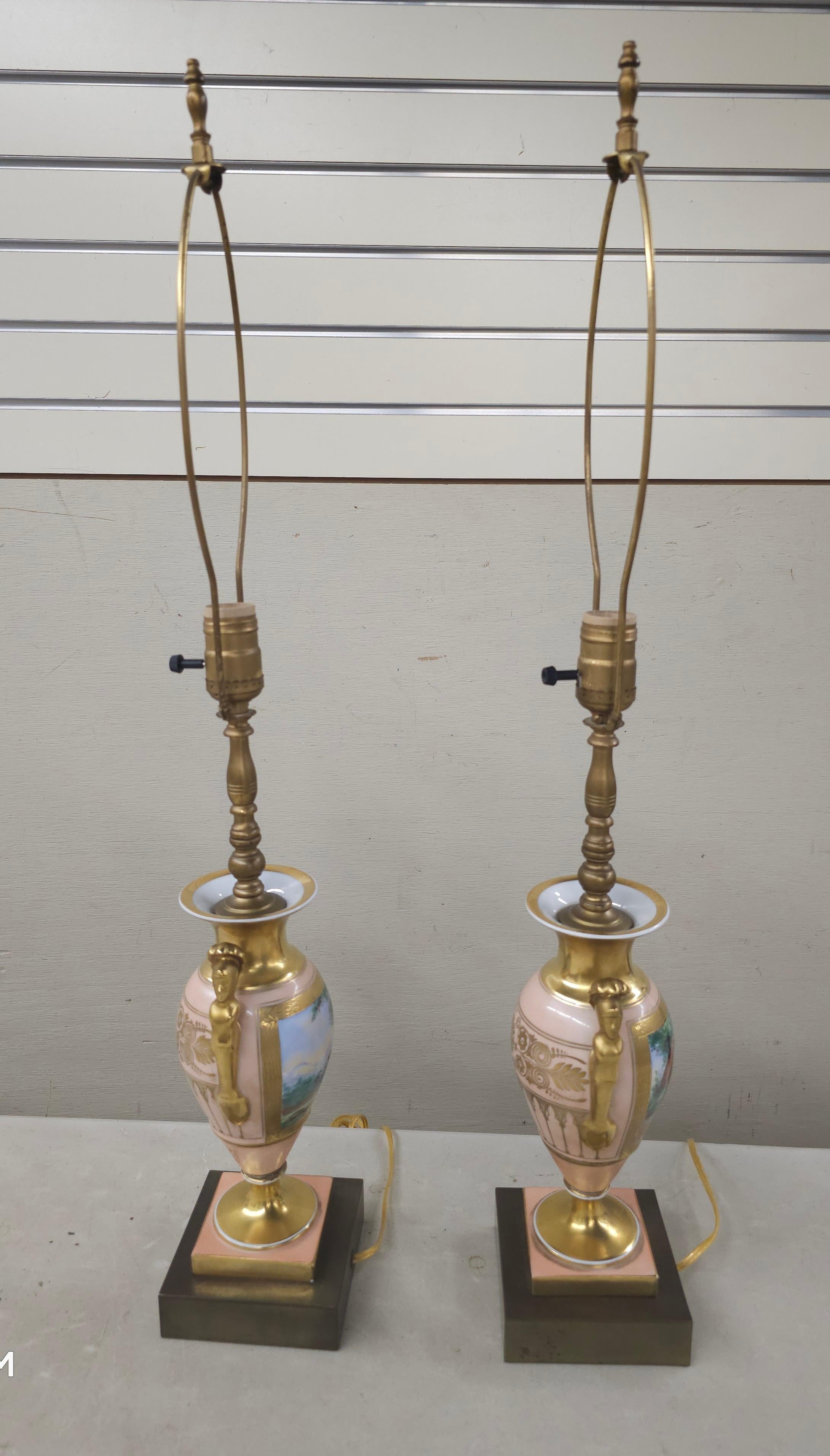 Paire de vases en porcelaine de type Sèvres montés en lampes. Mesurent 4,5