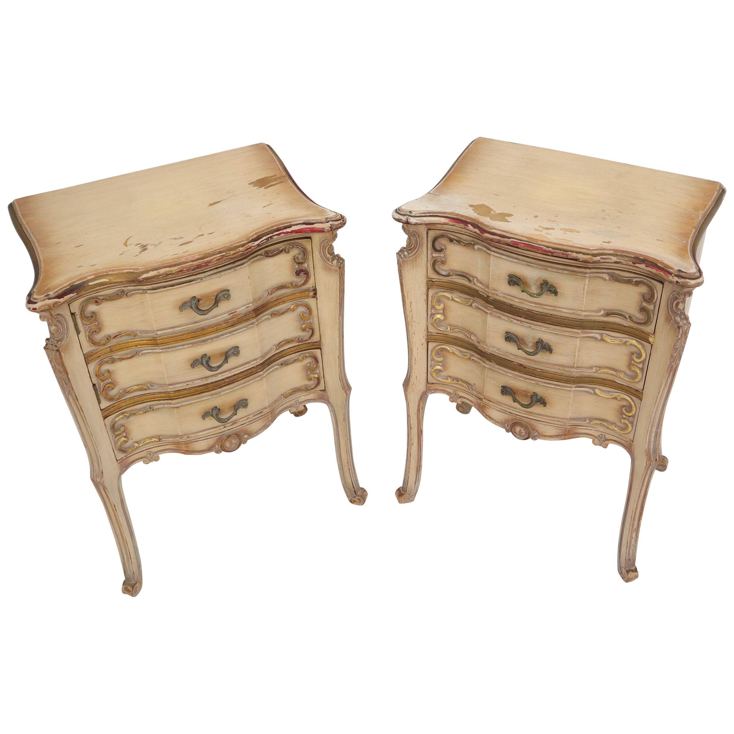Pair of Shabby Chic French Provincial End Side Tables Nightstands White & Gold