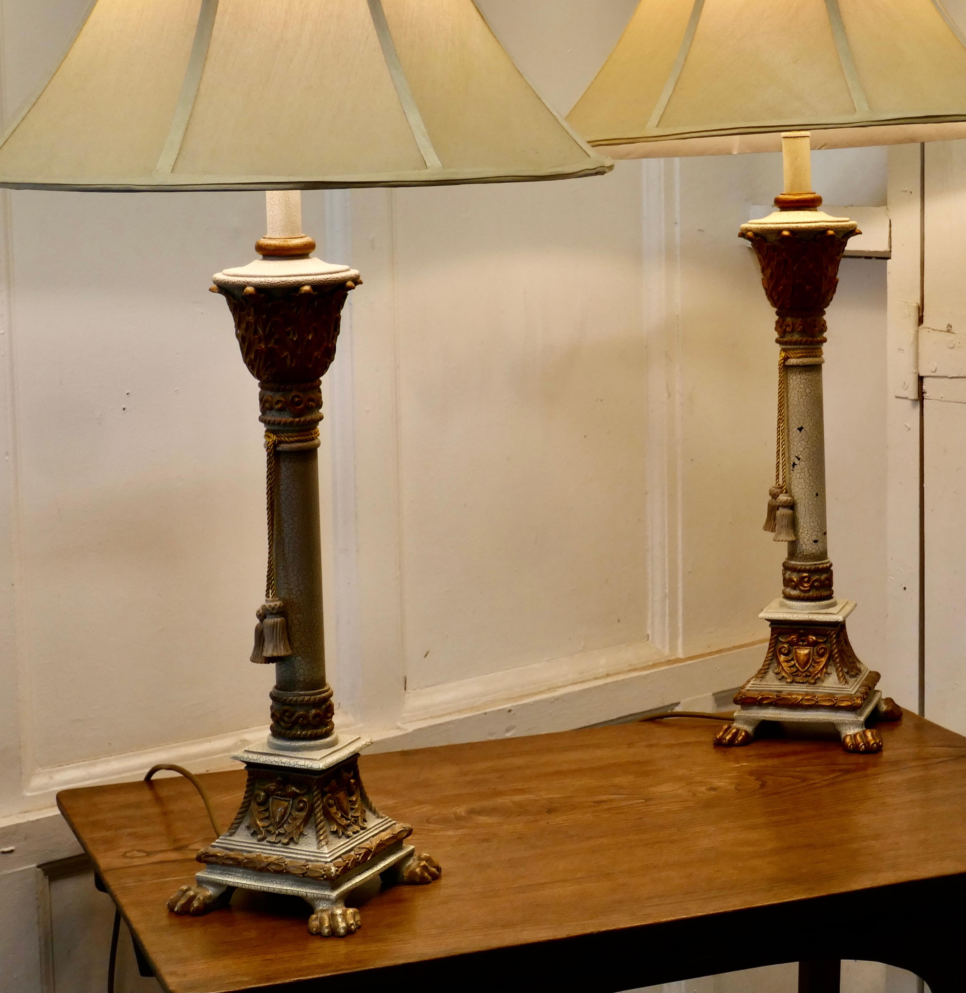 Empire Revival Pair of Shabby Crackle Painted Corinthian Column Lamps