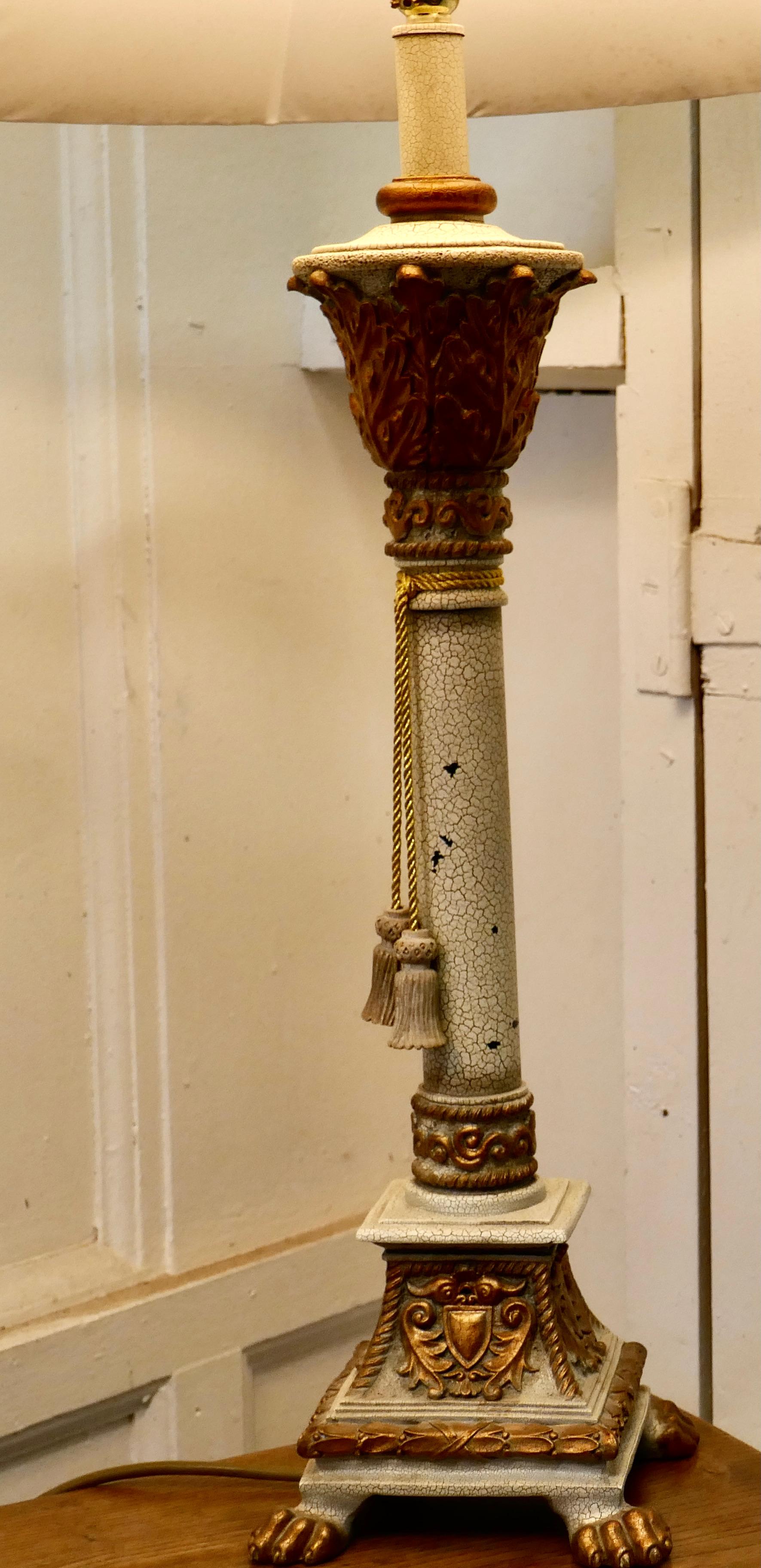 Pair of Shabby Crackle Painted Corinthian Column Lamps In Good Condition In Chillerton, Isle of Wight