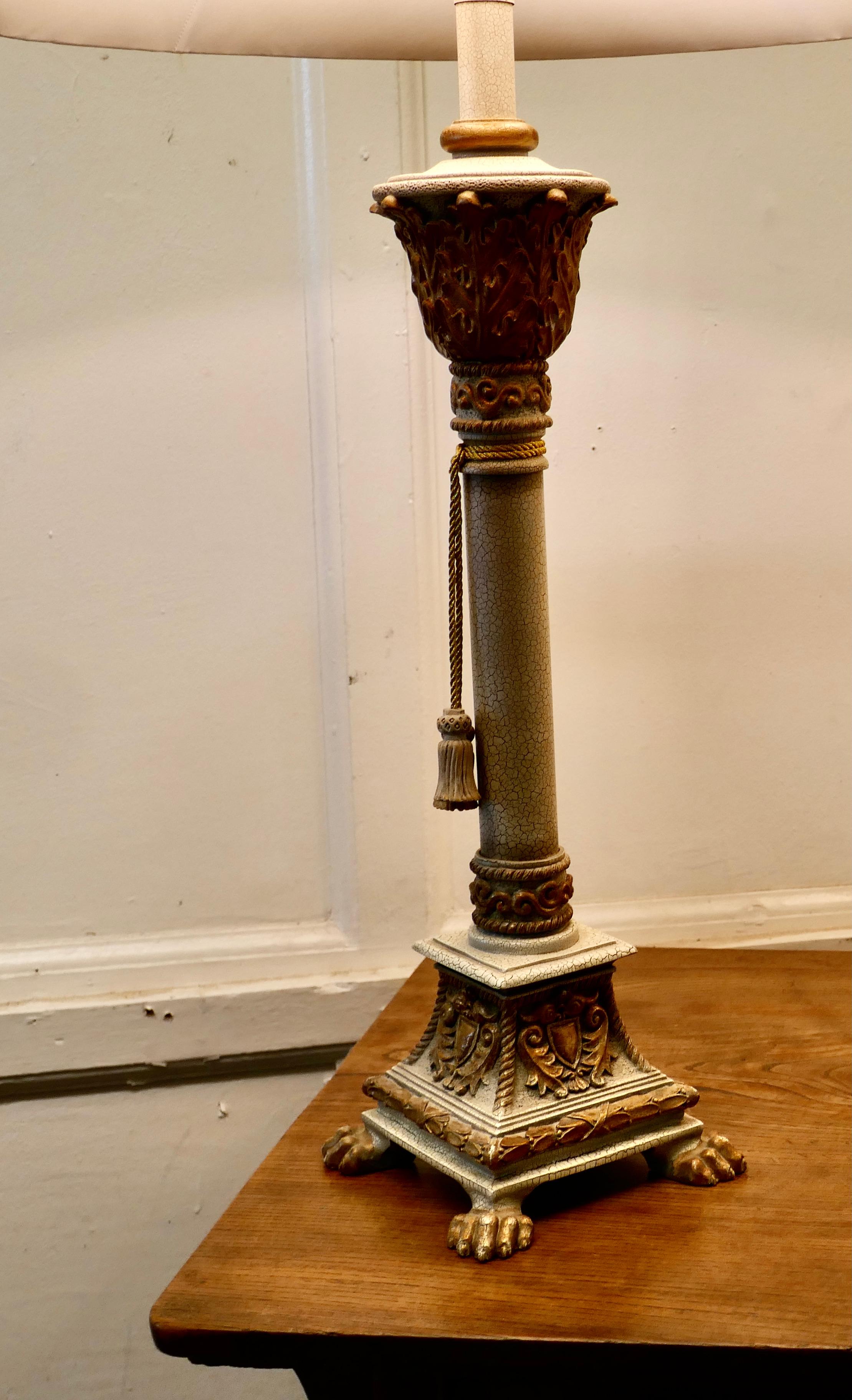 20th Century Pair of Shabby Crackle Painted Corinthian Column Lamps