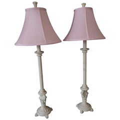 Pair of Shabby French Chic Antiqued White and Pretty Pink Shaded Table Lamps