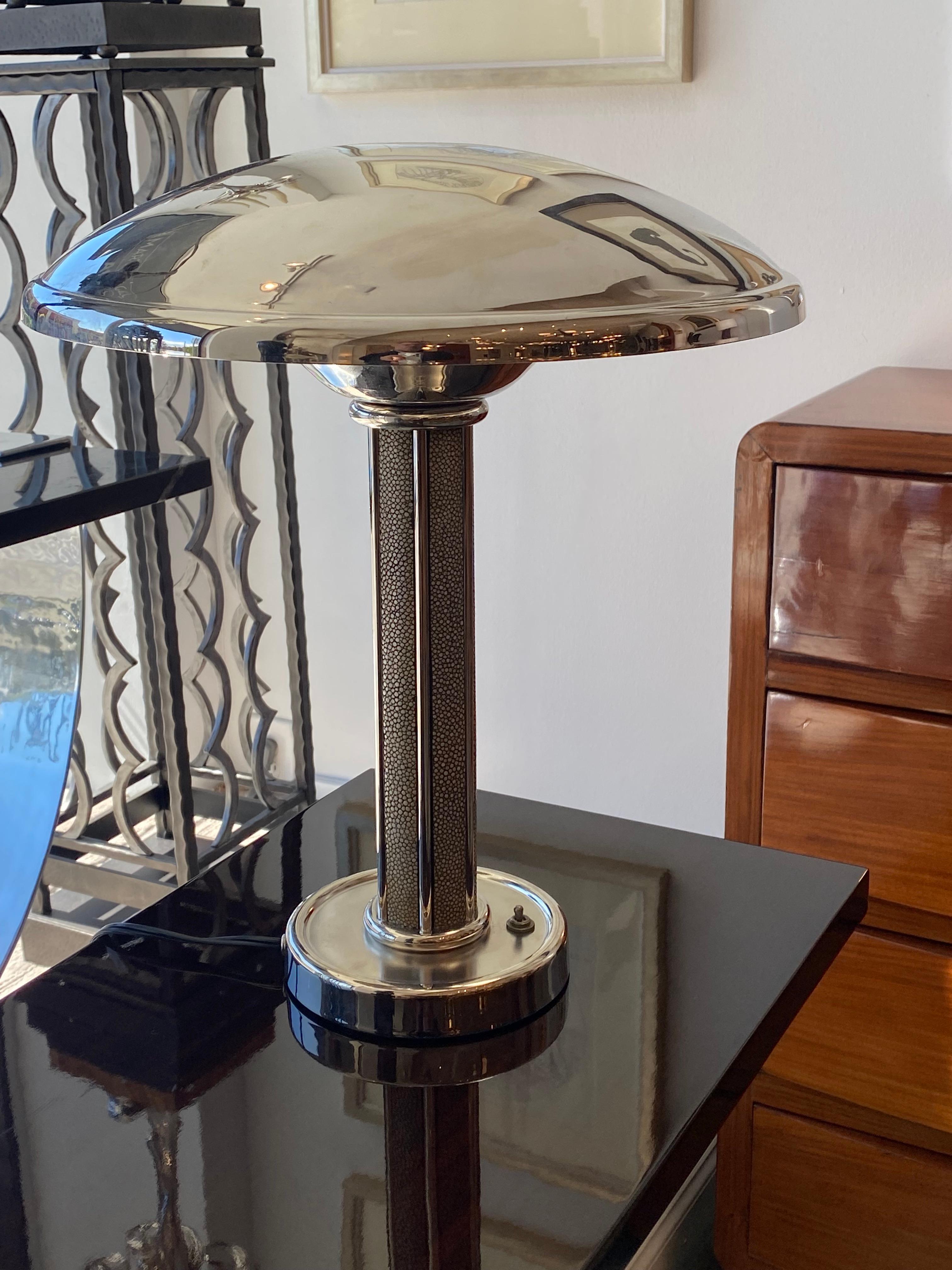 Pair of Art Deco table lamps made of Nickeled Plated metal and Shagreen details designed by George Halais.
Made in France 
Circa 1930
Signed: G. Halais.