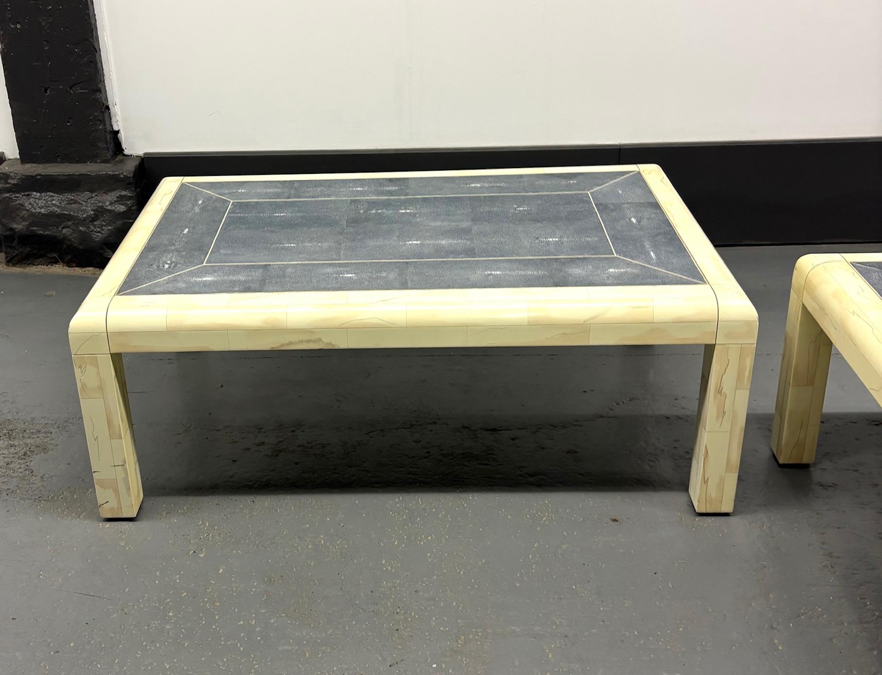 Pair of Shagreen and Tessellated Side Tables by Karl Springer. Signed: Karl Springer