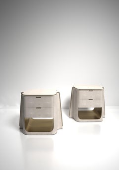 Coppia di comodini in zigrino con dettagli in ottone patinato bronzo di R&Y Augousti