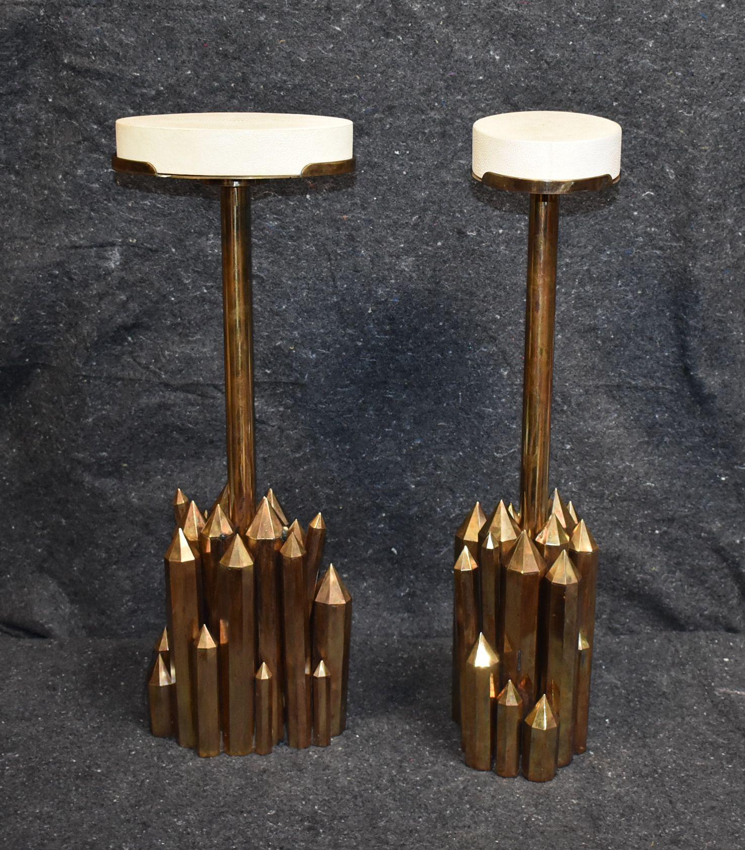 Pair of brass side tables with shagreen top. (Tortoise brass finish and white shagreen)

Additional dimensions:
Width of top 8 inches
Depth of top 5 inches.
 