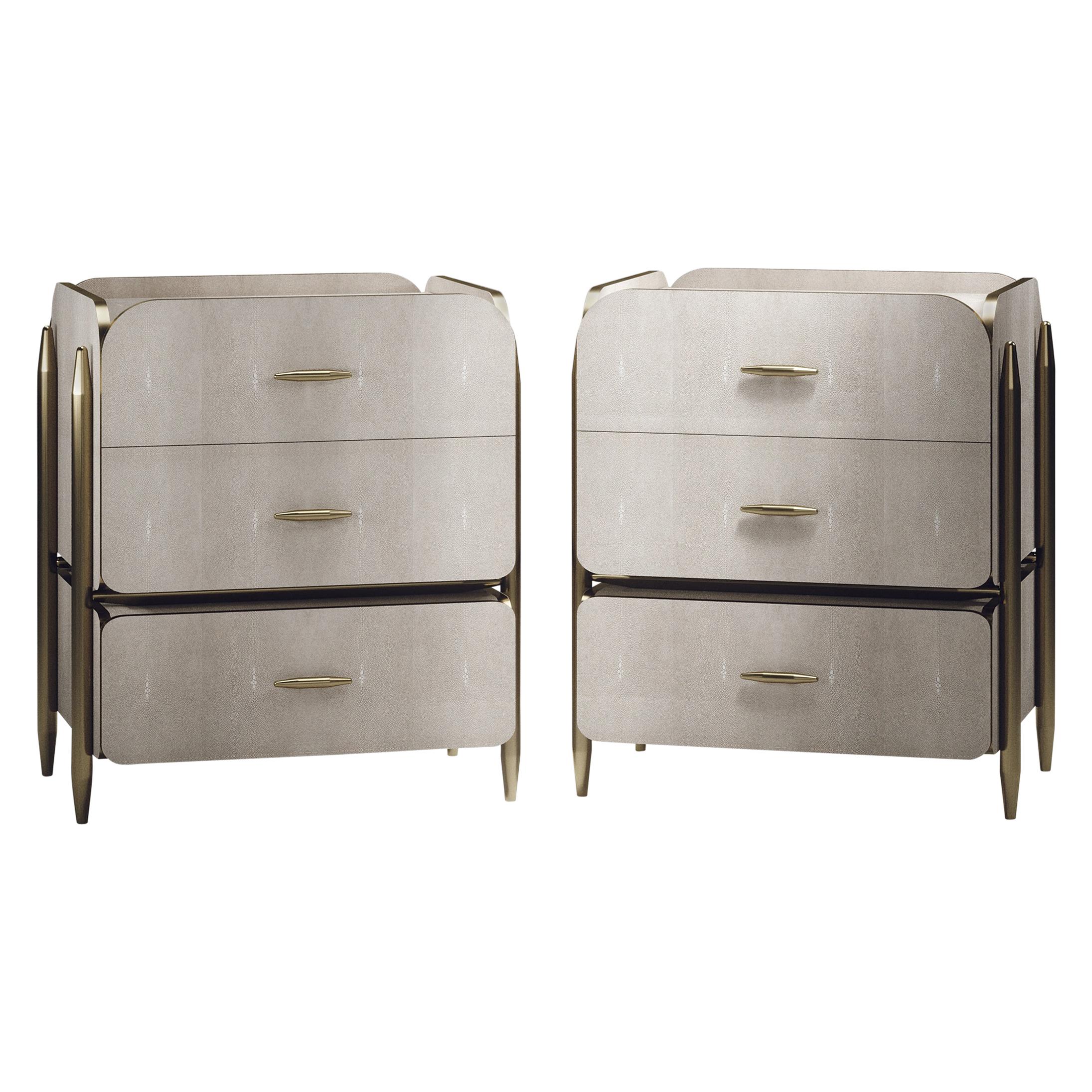 Pair of Shagreen Night Stands with Brass Accents by Kifu Paris For Sale