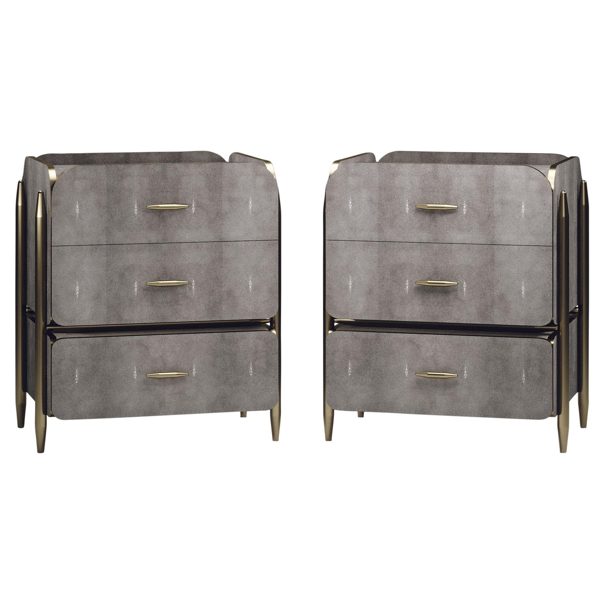 Pair of Shagreen Night Stands with Brass Accents by Kifu Paris For Sale