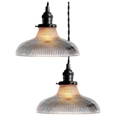 Pair of Shallow Dome Holophane Pendants