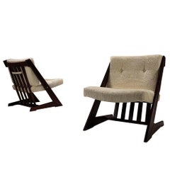 Pair Of Sharp Shaped Lounge Chairs In Birch And Bouclé Fabric, 1970s