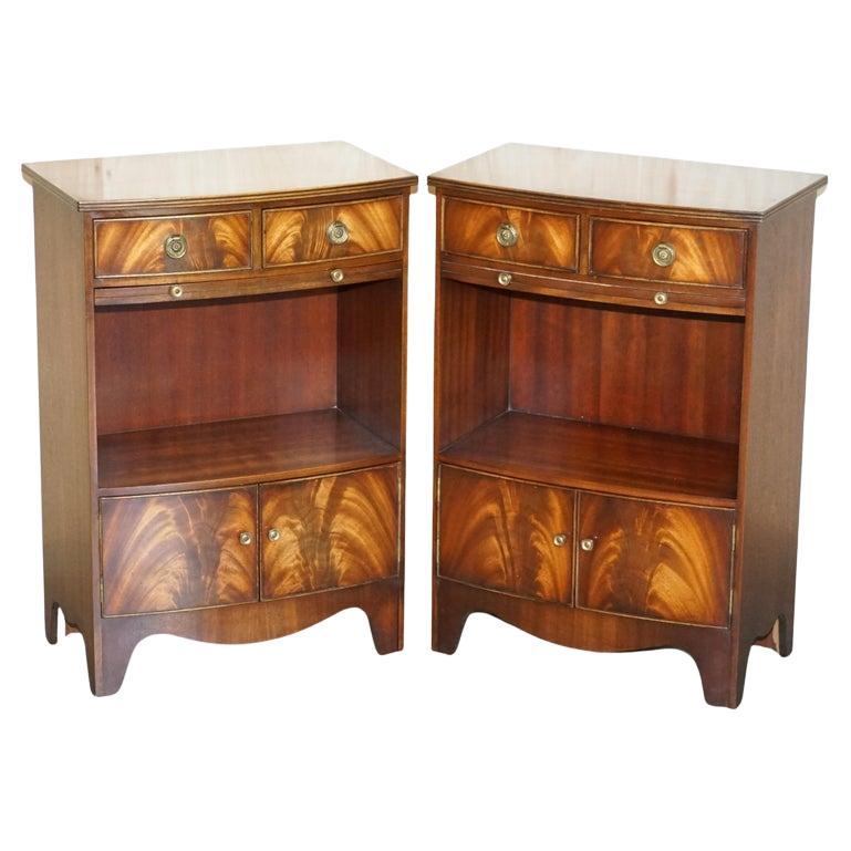 Pair of Shaws London Bow Fronted Side Bookcase Tables + Butlers Serving Trays For Sale
