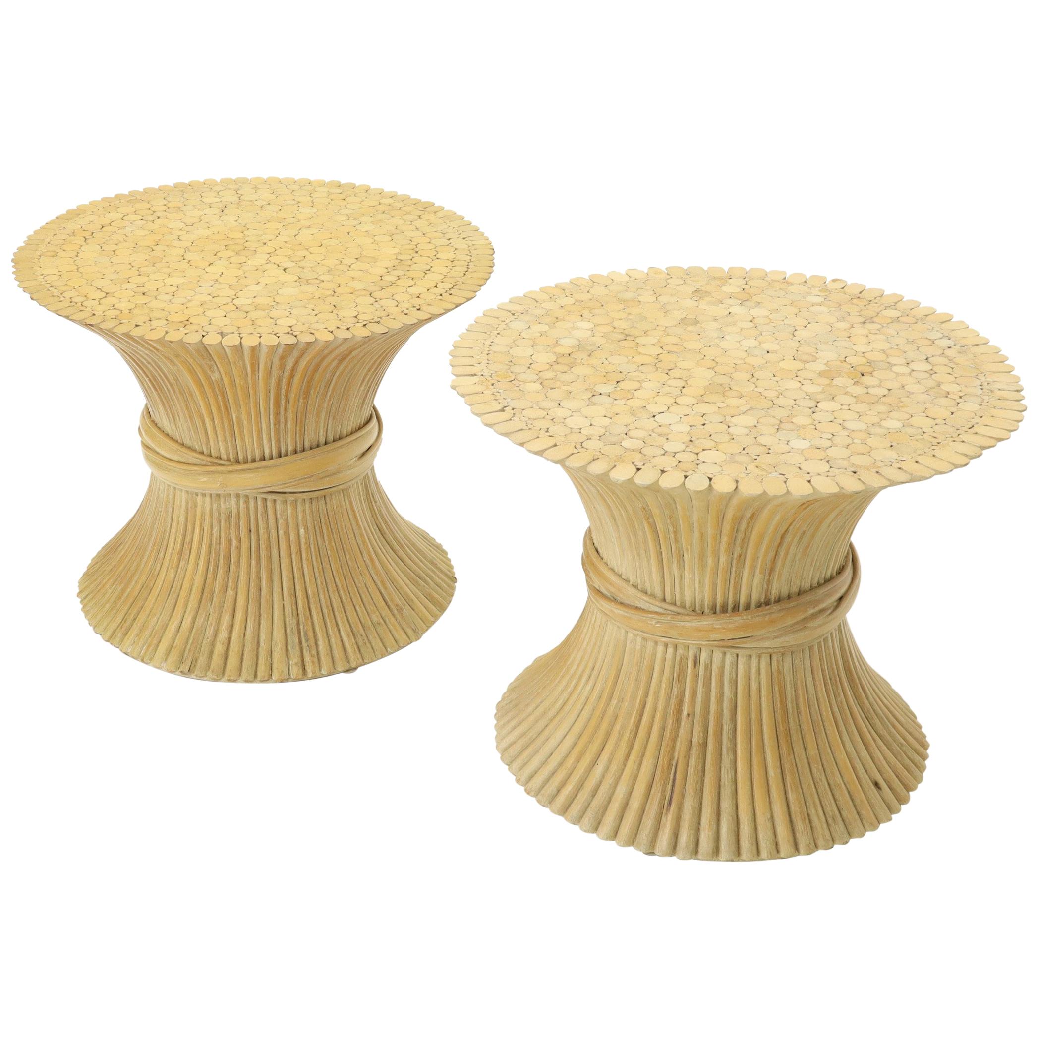 Pair of Sheaf of Bamboo Wheat Side End Occasional Tables Pedestals by McGuire