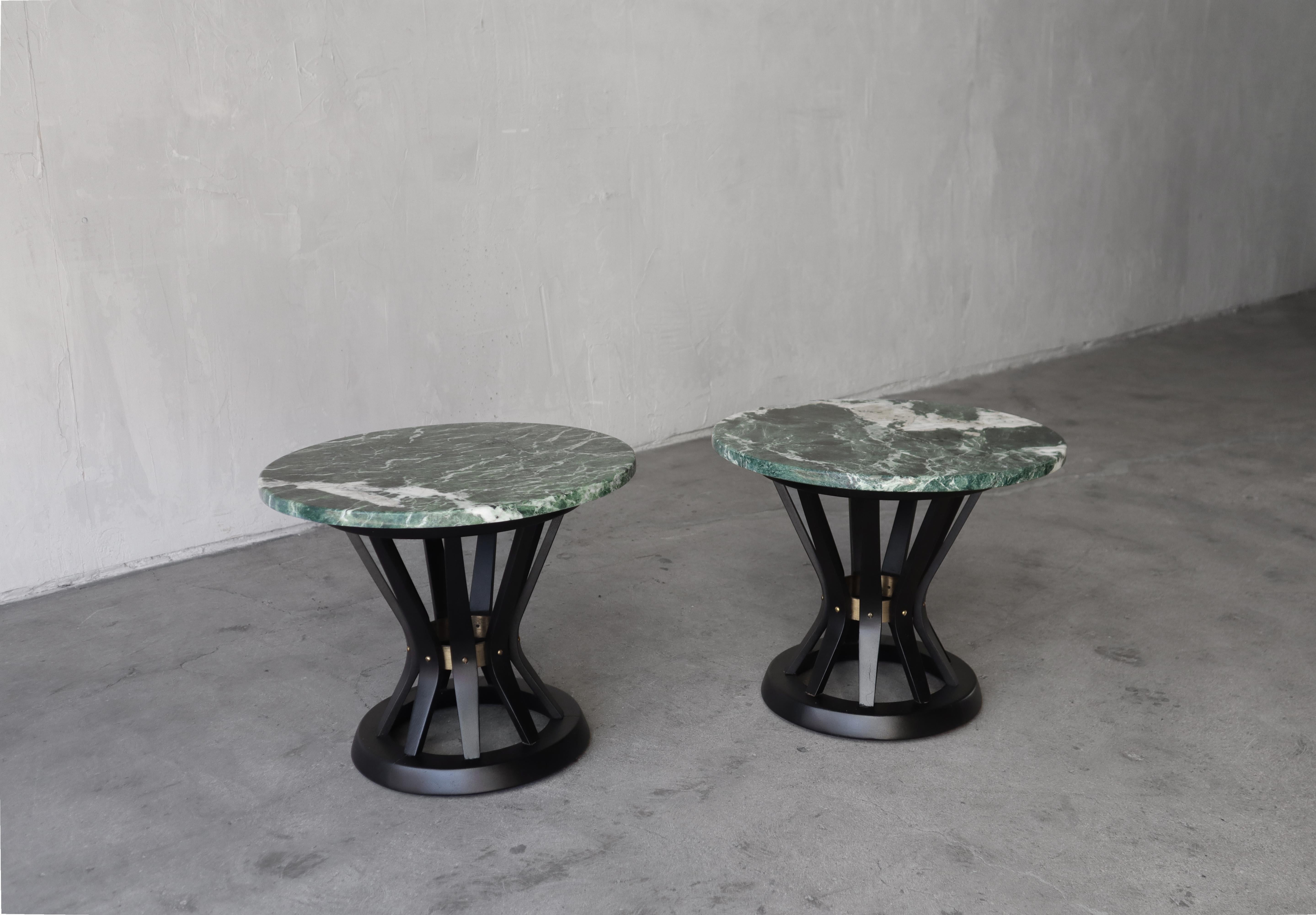 Gorgeous mid-century sheaf of wheat side tables with gorgeous Empress Green Marble tops and brass details, designed in the 1950's by Edward Wormley for Dunbar. 

Tables are in excellent condition with no imperfections to be noted. Installation ready.