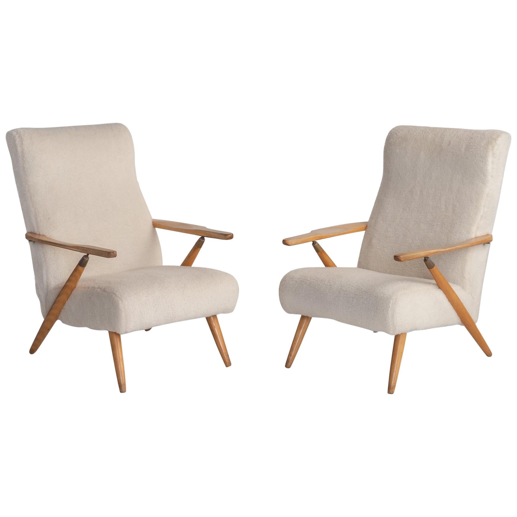 Pair of Shearling Lounge Chairs, France, circa 1950