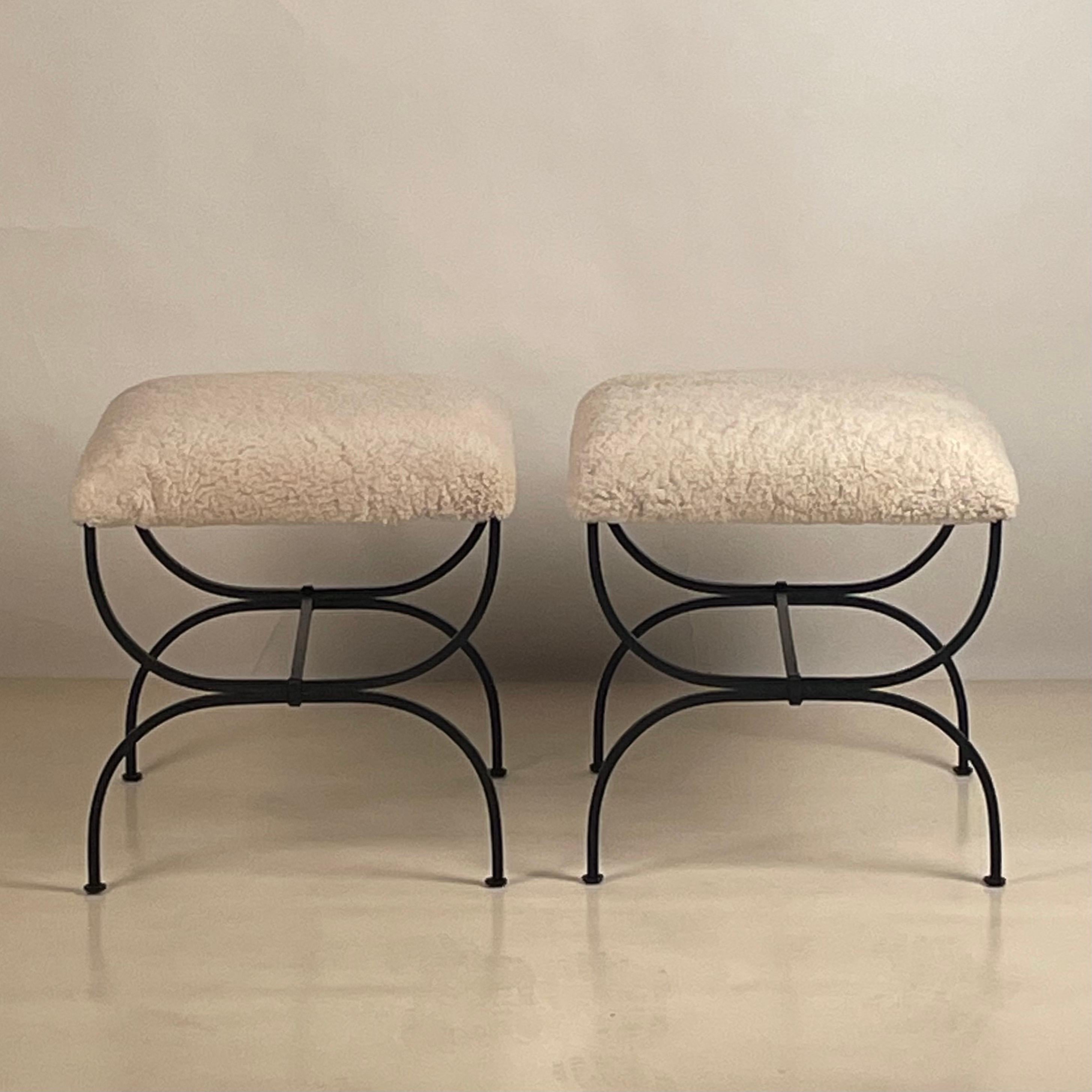 French Pair of Shearling 'Strapontin' Stools by Design Frères For Sale