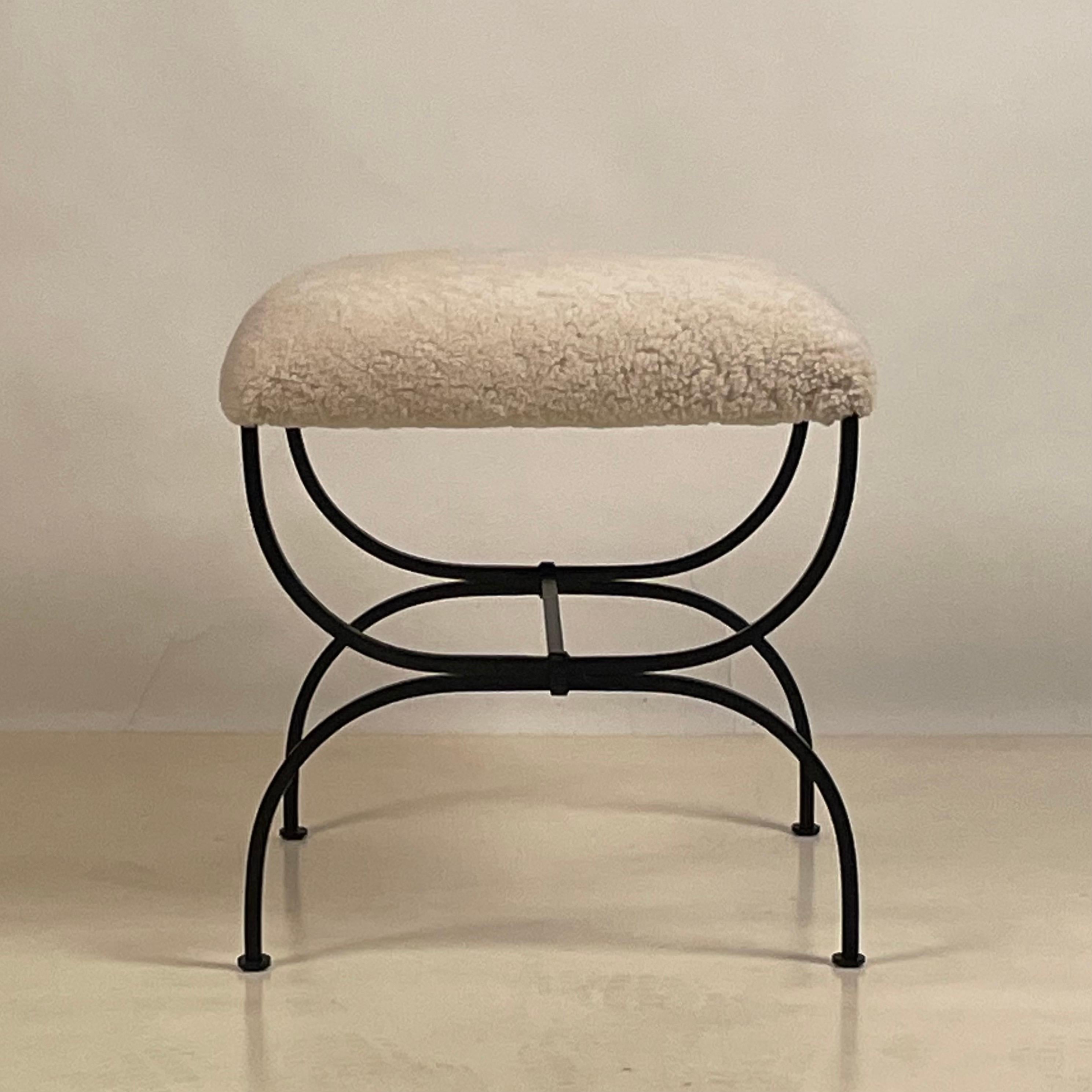 Painted Pair of Shearling 'Strapontin' Stools by Design Frères For Sale