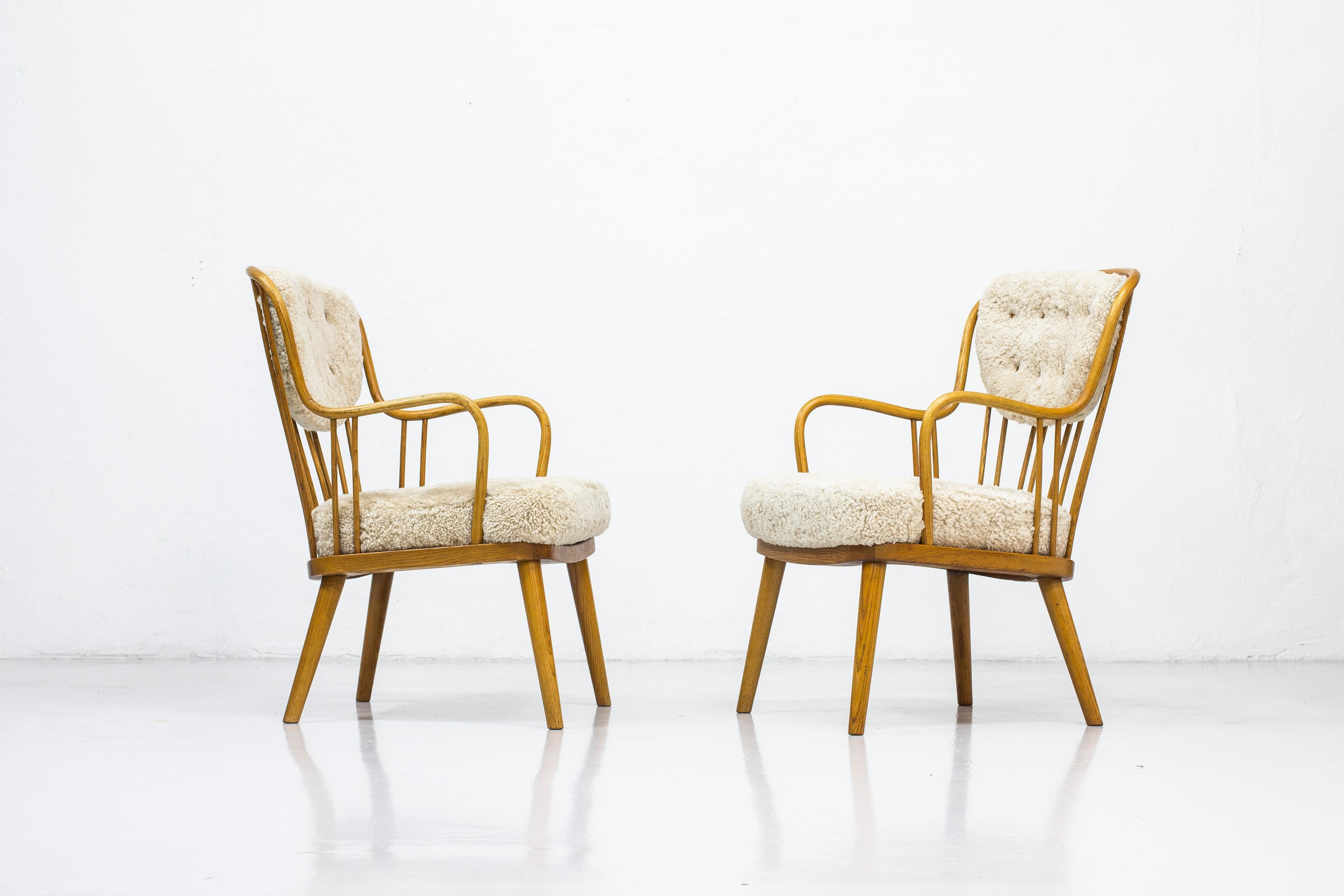 Pair of Sheepskin Easy Chairs by Aage Herman Olsen, Denmark, 1940s 4