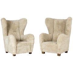 Pair of Sheepskin Lounge Chairs from Fritz Hansen, Denmark, 1930s