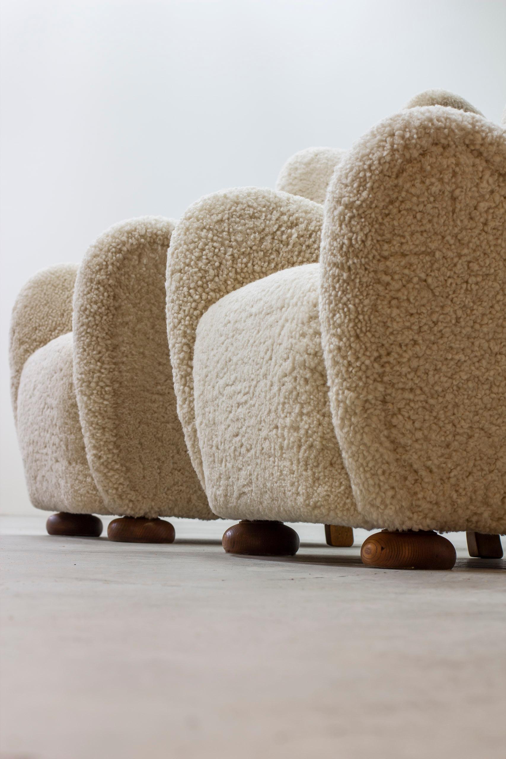 Pair of sheepskin lounge chairs in the manner of Märta Blomstedt, DENMARK, 1940S For Sale 1