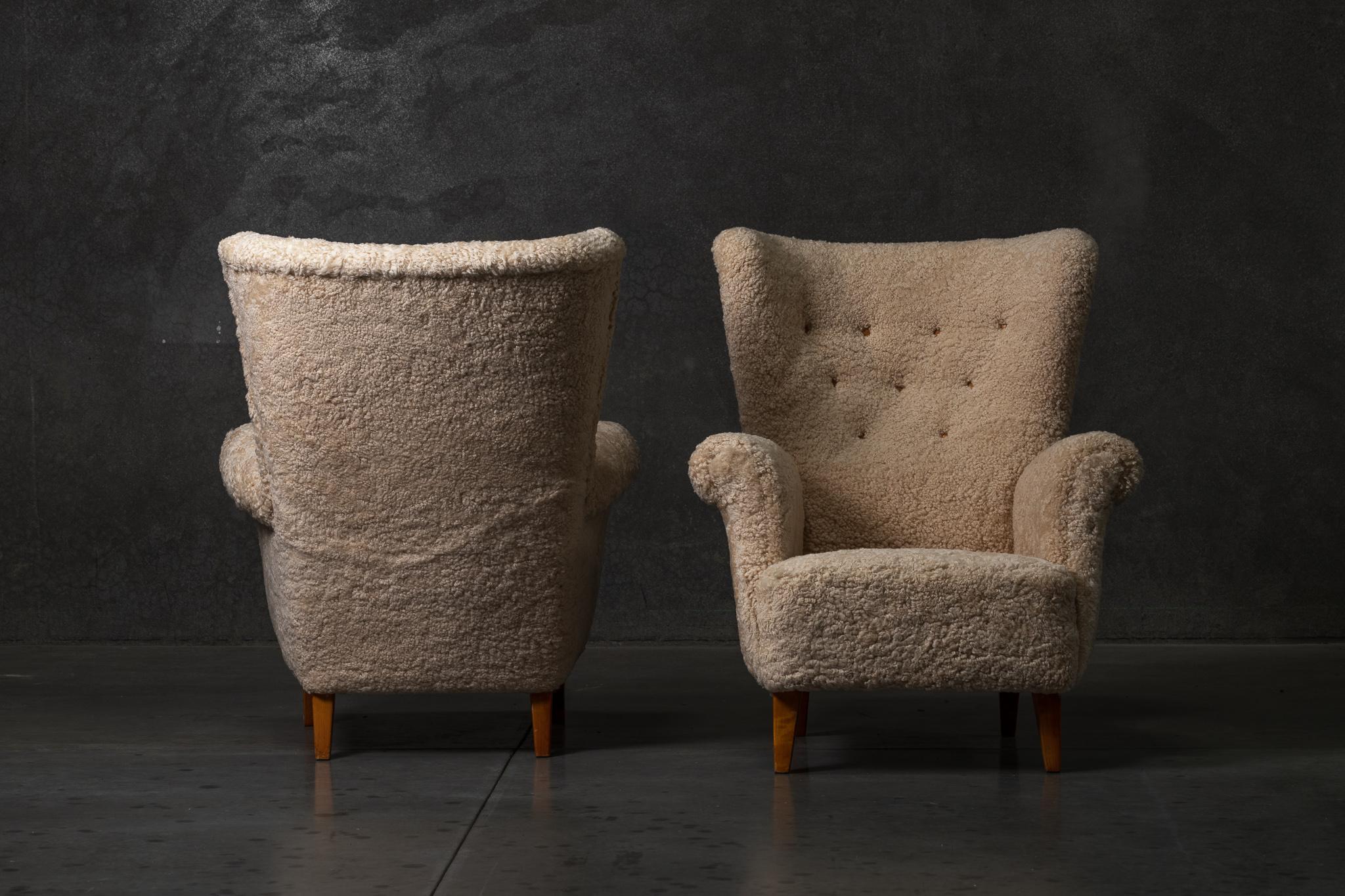 Swedish Pair of Sheepskin Wingback Chairs