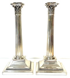 Pair of Sheffield Plated Corinthian Column Candlesticks Attributed to Elkington