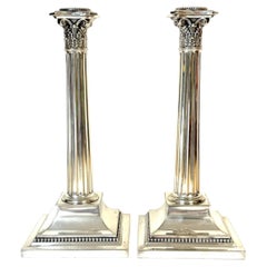 Pair of Sheffield Plated Corinthian Column Candlesticks Attributed to Elkington