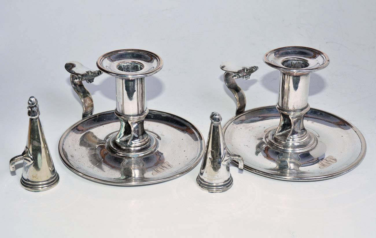 Victorian Pair of Sheffield Silver Plated Candleholders and Snuffers For Sale