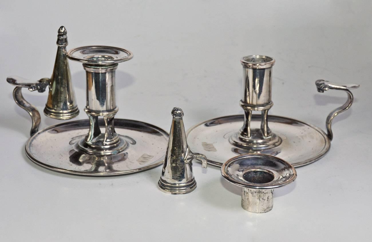 English Pair of Sheffield Silver Plated Candleholders and Snuffers For Sale