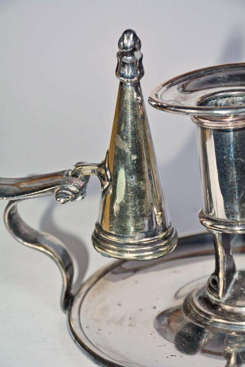 19th Century Pair of Sheffield Silver Plated Candleholders and Snuffers For Sale