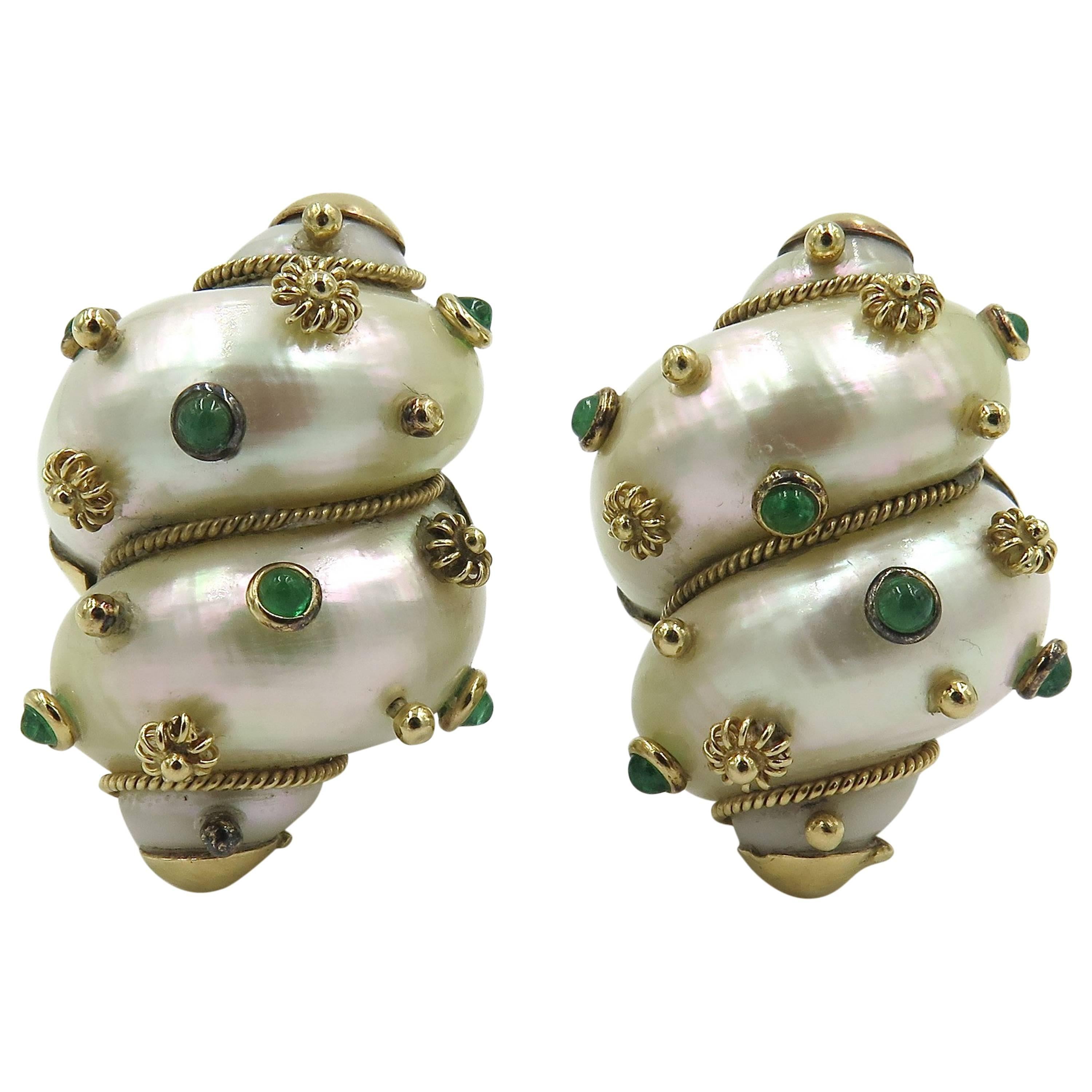 Pair of Shell, Emerald and Gold Earrings